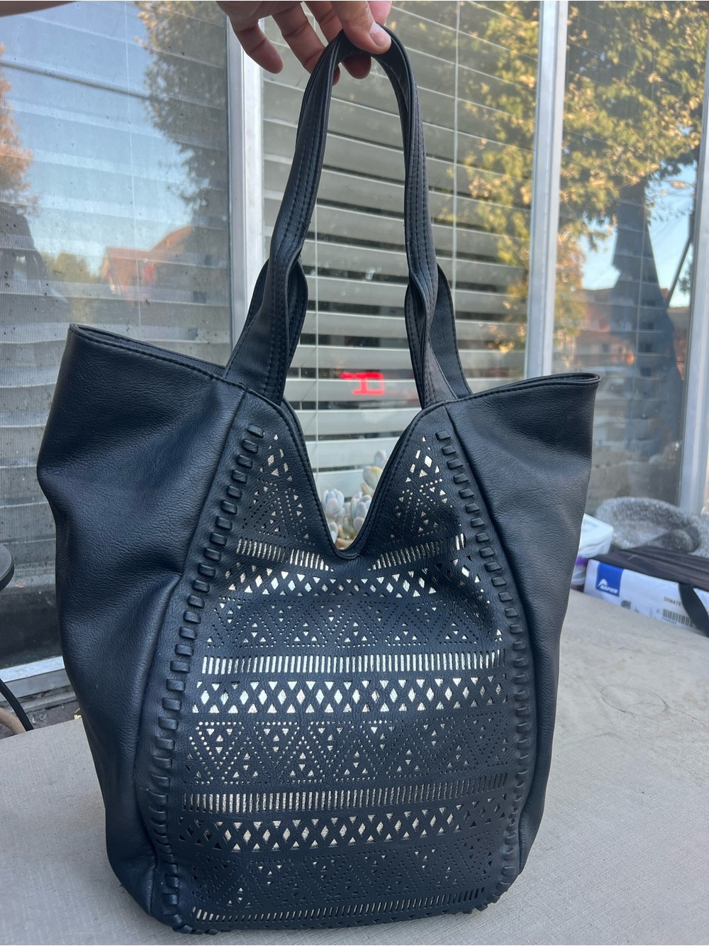 Chinese Laundry Black Laser-Cut Tote Bag